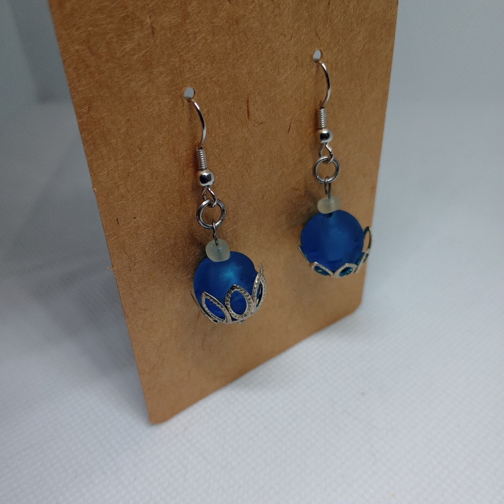 Handmade Blue & Silver Spherical Filigree Dangle Earrings Retro Streetwear Boho